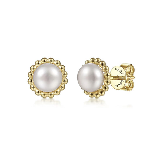 Earrings pearl stud with bead border 14kt yellow gold - Gaines Jewelers