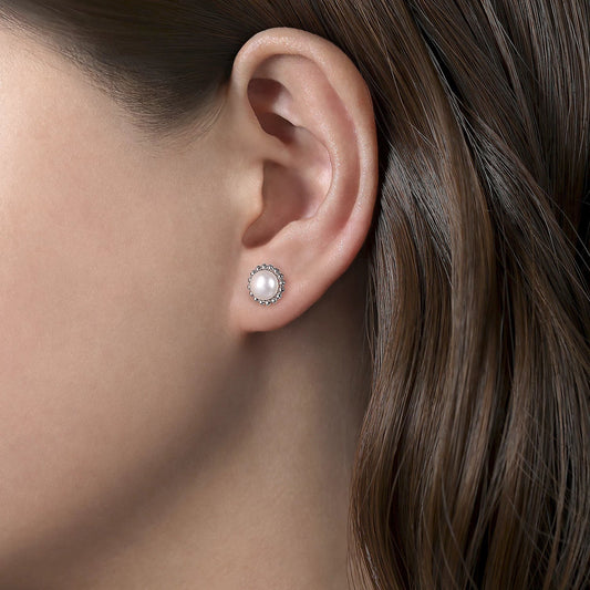 Earrings pearl stud with bead halo - Gaines Jewelers