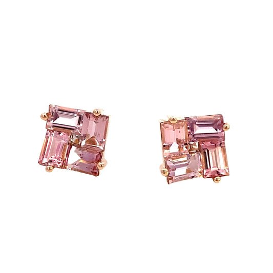 Earrings pink topaz with white topaz center square rose gold - Gaines Jewelers