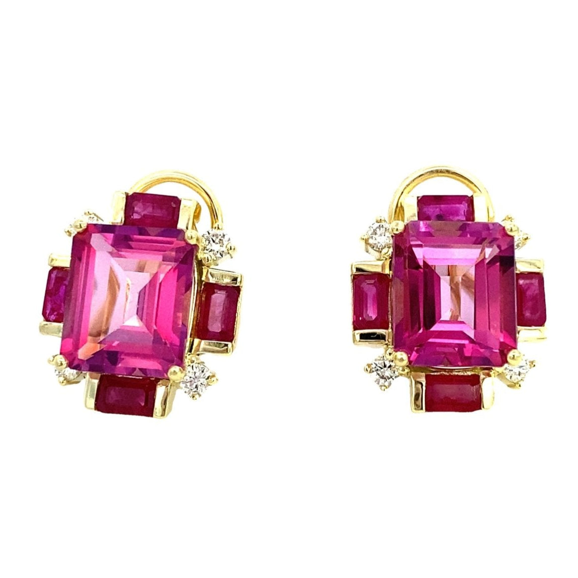 Earrings rubies, pink topaz and diamonds set in a rectangular shape 14k yellow gold - Gaines Jewelers