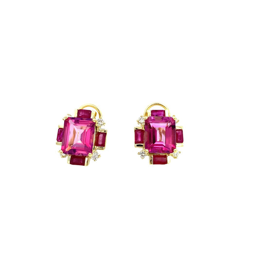Earrings rubies, pink topaz and diamonds set in a rectangular shape 14k yellow gold - Gaines Jewelers
