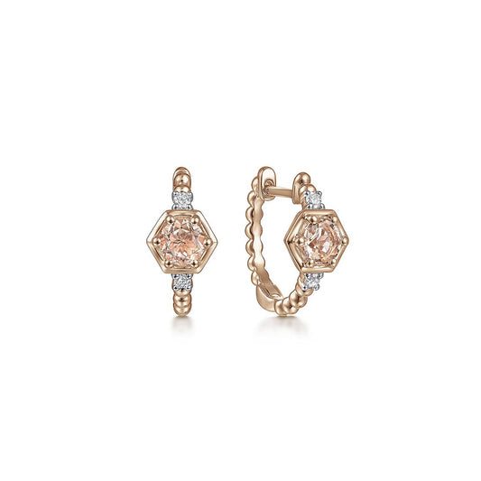Earrings small hoops morganite & diamond 14kt rose gold - Gaines Jewelers