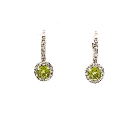 Earrings- White Gold Peridot and diamond lever back - Gaines Jewelers