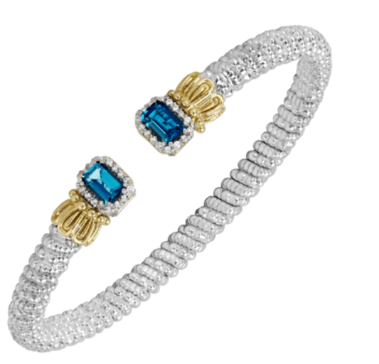 Flex Cuff 4mm London Blue Topaz with diamond accents and 14kt yellow gold crown collar - Gaines Jewelers