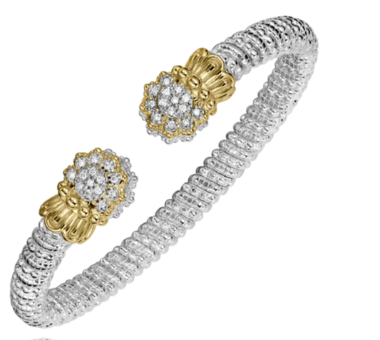 Flex Cuff Bracelet open top 6MM with round cluster of diamonds with diamond halo surround - Gaines Jewelers