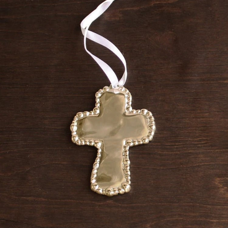 GIFTABLES Sierra Modern Organic Pearl Cross Ornament (Shiny Gold) - Gaines Jewelers