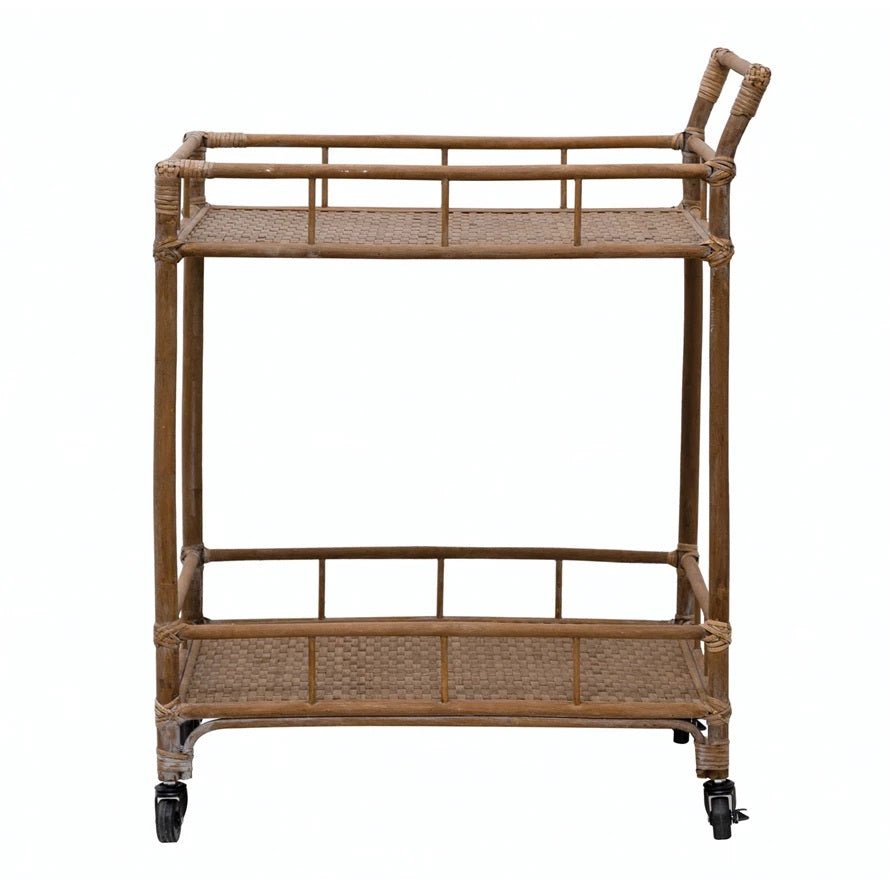 Hand-Woven Bamboo & Rattan 2-Tier Bar Cart on Casters - Gaines Jewelers
