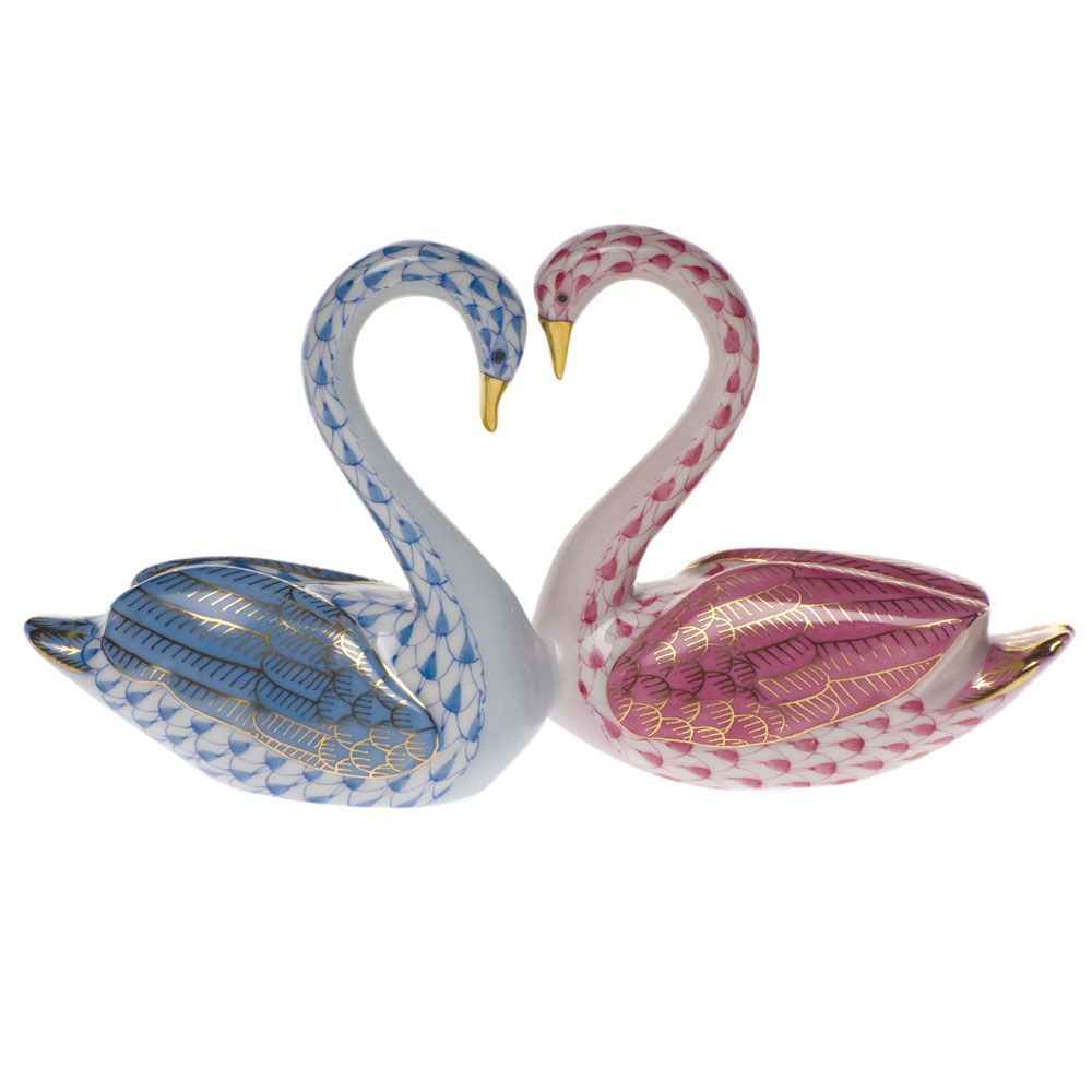 Kissing Swans in Blue and Raspberry - Gaines Jewelers
