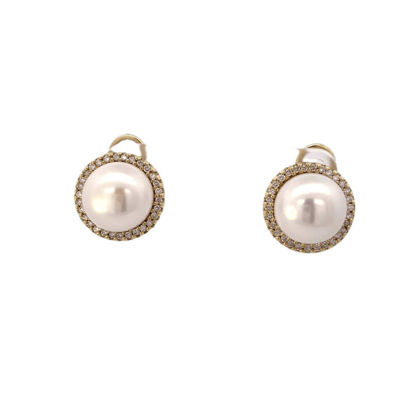 Mabe pearl diamond halo post & clasp earrings 14ky - Gaines Jewelers