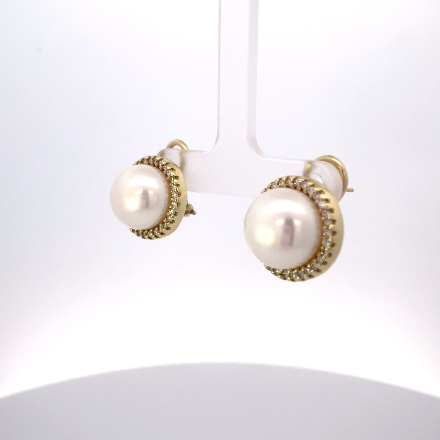 Mabe pearl diamond halo post & clasp earrings - Gaines Jewelers