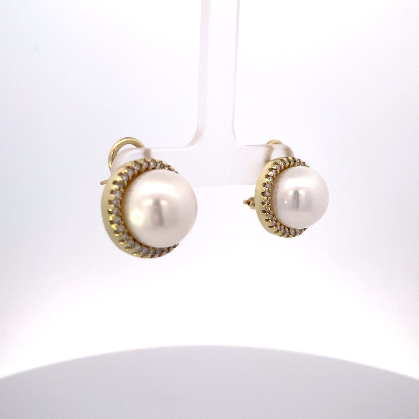 Mabe pearl diamond halo post & clasp earrings - Gaines Jewelers