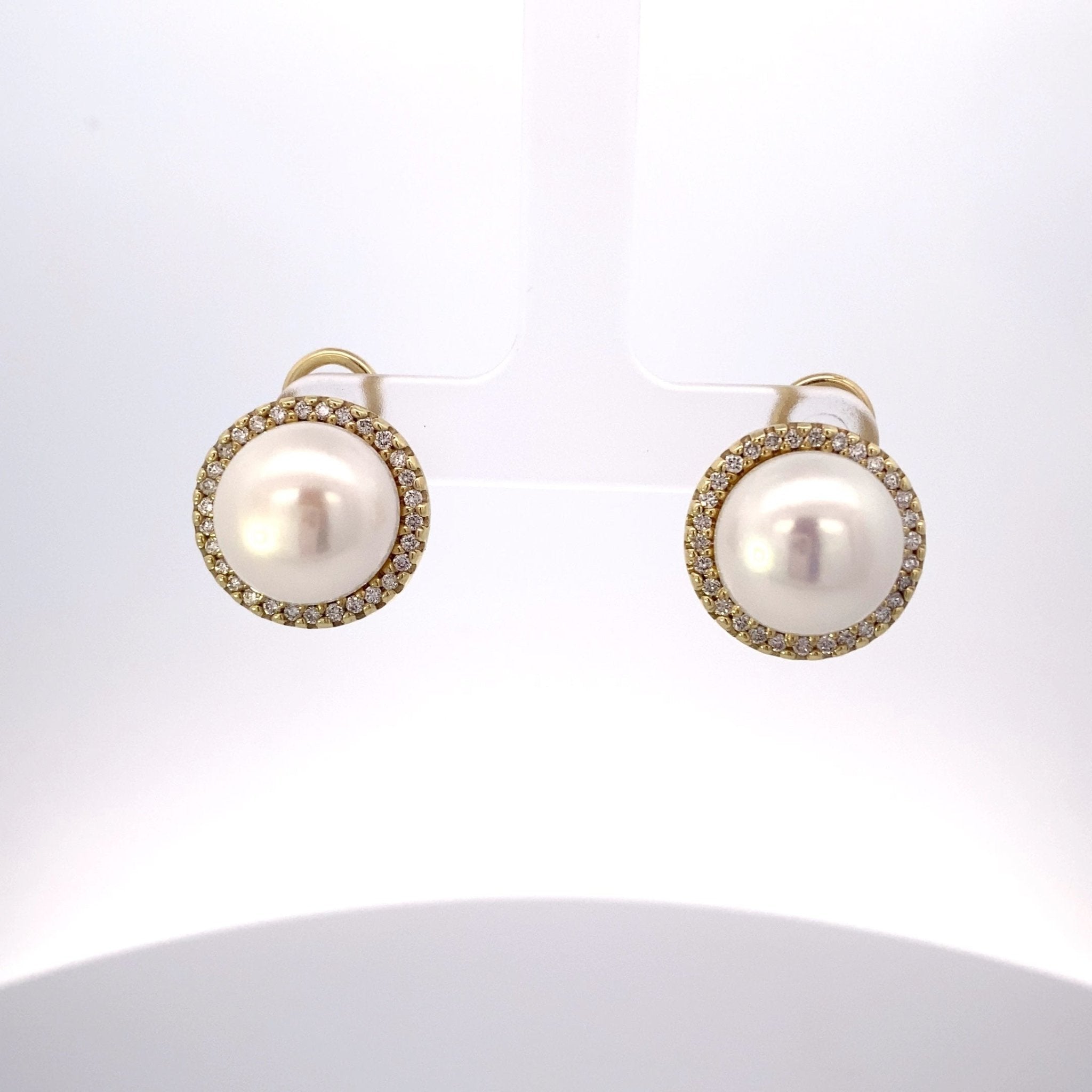 Mabe pearl diamond halo post & clasp earrings - Gaines Jewelers