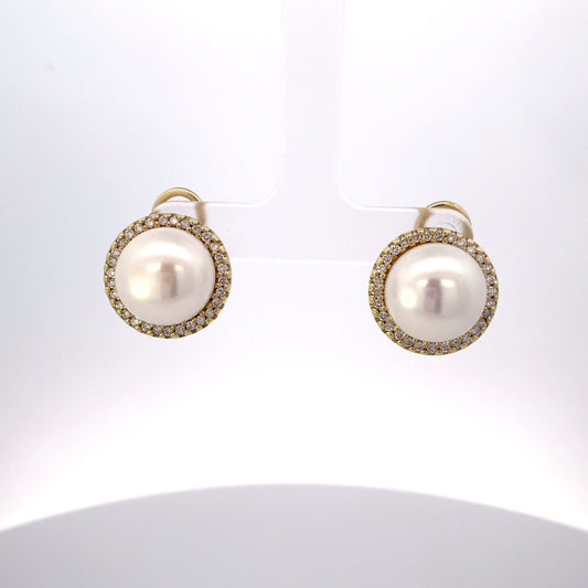 Mabe pearl diamond halo post & clasp earrings - Gaines Jewelers