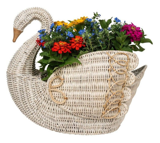 Medium Swan Basket 20" - Whitewash Provence Rattan - Gaines Jewelers