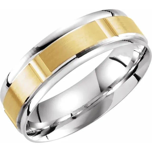 Men's wedding band ring 2 tone flat brushed - Gaines Jewelers
