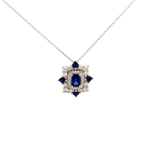 Necklace- 14k wg Pendant Sapphire Diamond double row rect - Gaines Jewelers
