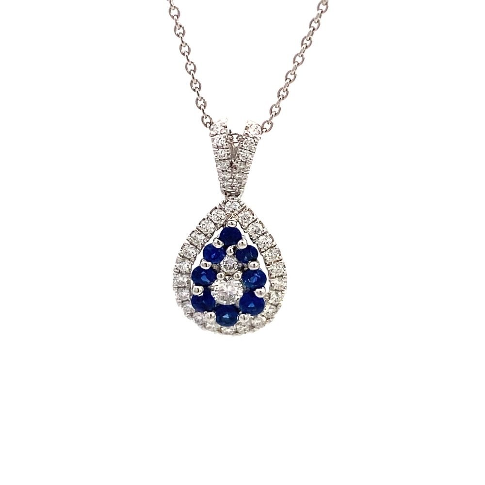 Necklace- 14k wg Pendant Sapphire Diamond pear shape drop - Gaines Jewelers