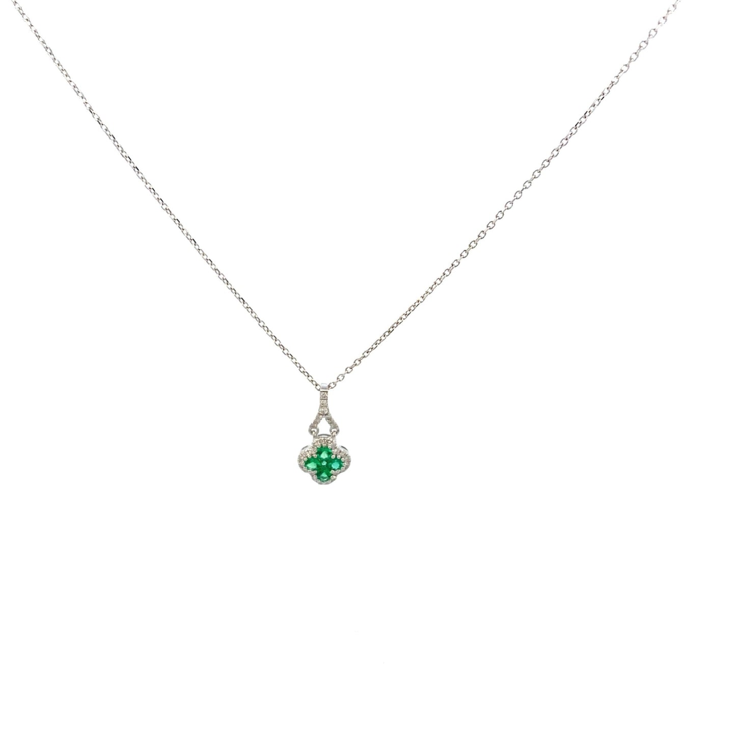 Necklace- 14k White Gold Diamond and Emerald Pendant clover - Gaines Jewelers