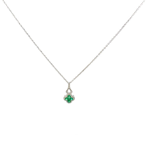 Necklace- 14k White Gold Diamond and Emerald Pendant clover - Gaines Jewelers