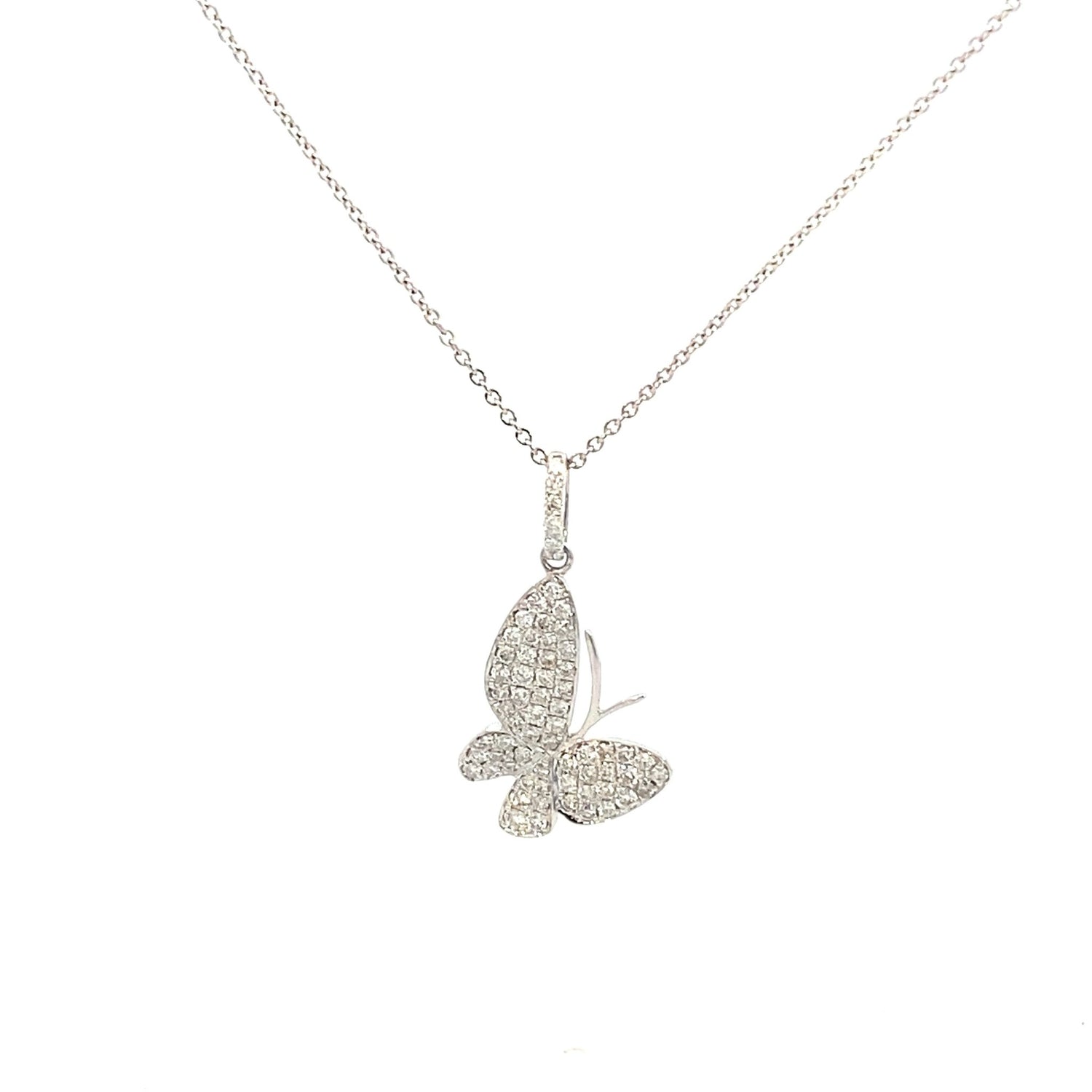 Necklace- 14k white gold diamond pendant with butterfly pave - Gaines Jewelers