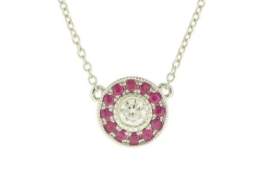 Necklace- 14K White or Yellow Gold Ruby and Diamond Halo Pendant Necklace - Gaines Jewelers