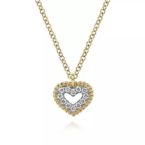 Necklace-14K Yellow Gold Diamond Pavé Heart Pendant Necklace with Beads - Gaines Jewelers