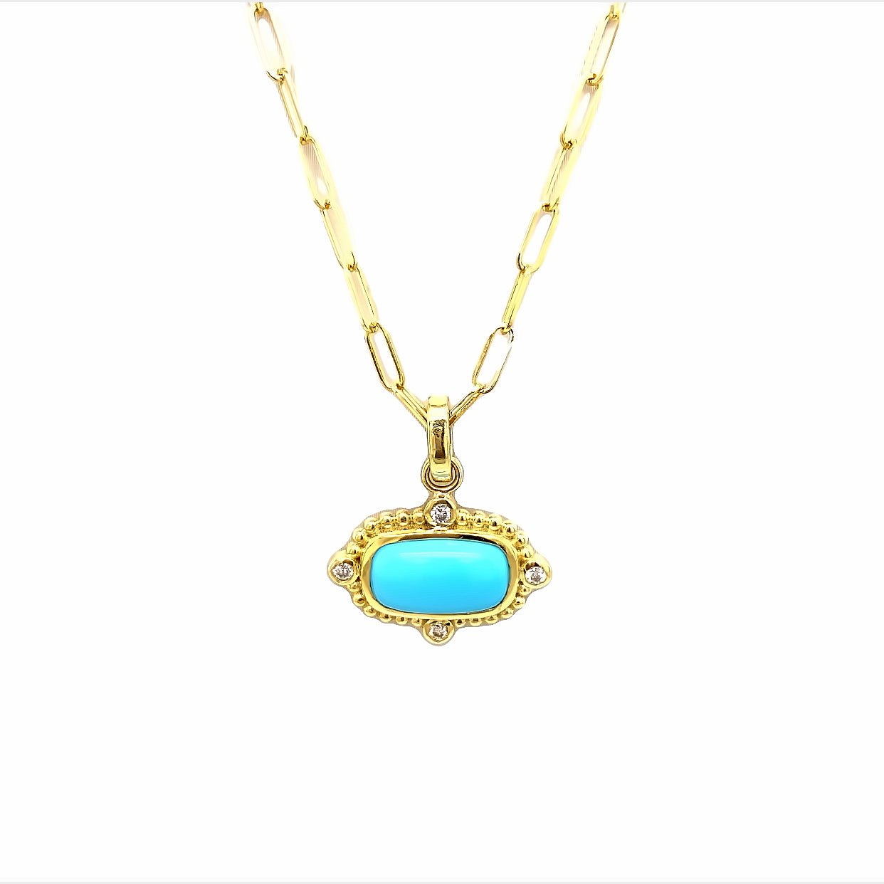Necklace - 14k yg Pendant turquoise diamond paperclip 18" drop - Gaines Jewelers
