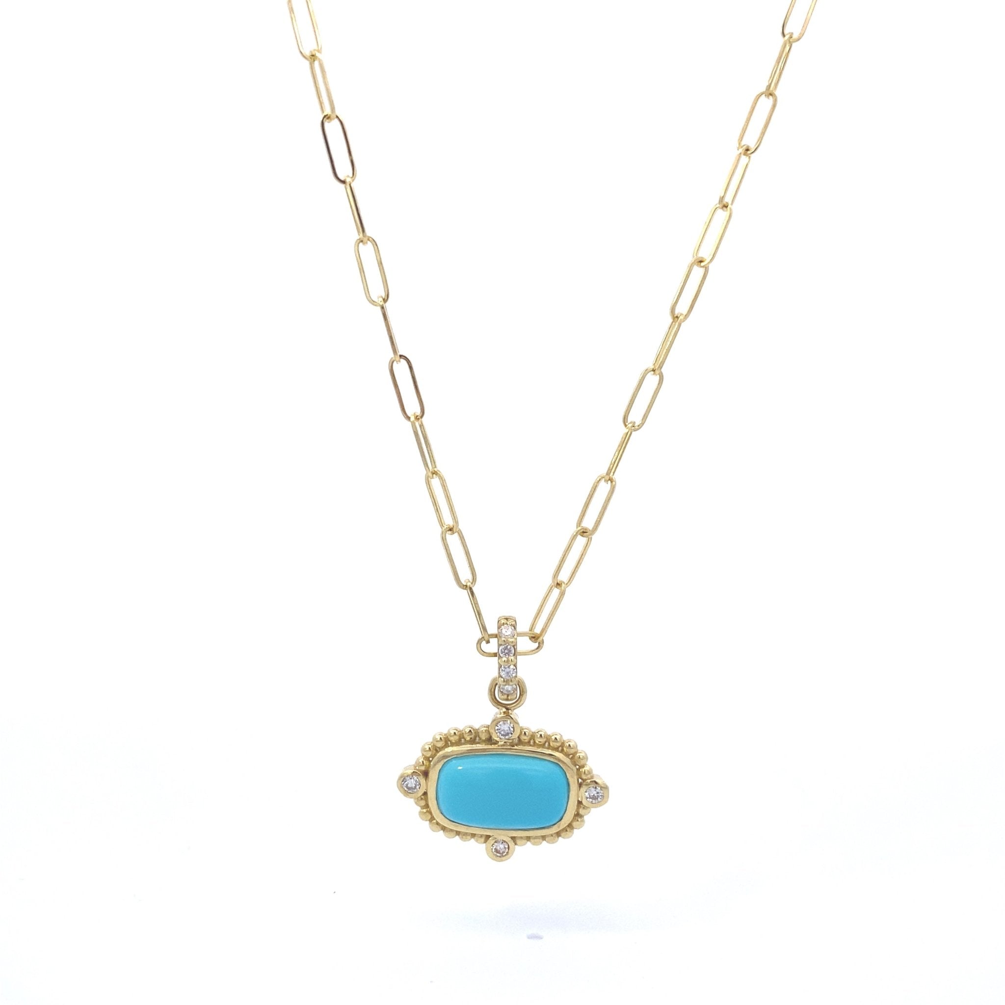 Necklace - 14k yg Pendant turquoise diamond paperclip 18" drop - Gaines Jewelers