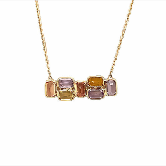 Necklace- 14k yg Trapeze mosaic multi colored sapphire necklace - Gaines Jewelers