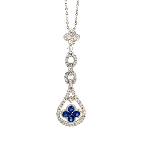 Necklace- 14kt white gold pendant sapphire and diamond floral long drop - Gaines Jewelers