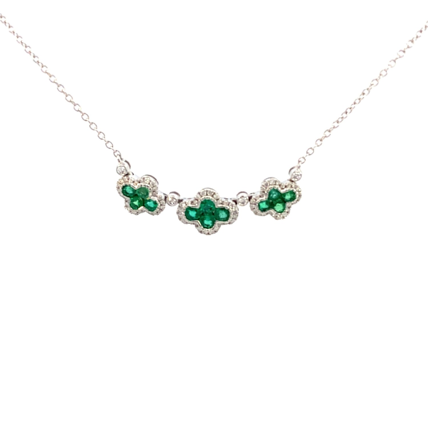 Necklace- 18k White Gold Emerald and Diamond 3 front station - Gaines Jewelers