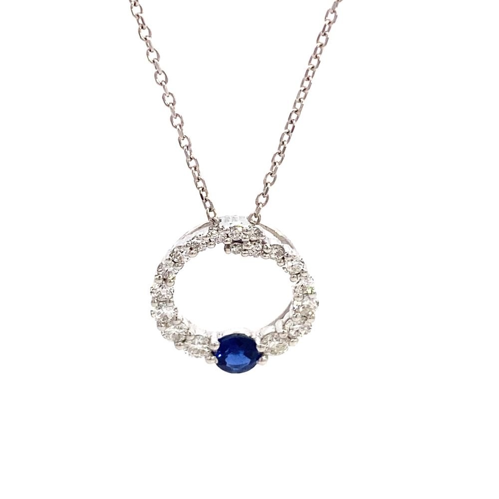 Necklace-18k White Gold Pendant Diamond & Sapphire circle float - Gaines Jewelers