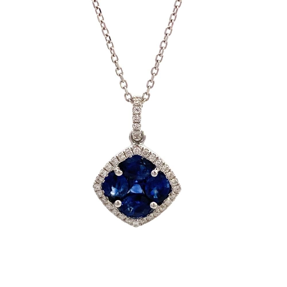 Necklace- 18k White Gold Pendant with Sapphire center & Diamond halo - Gaines Jewelers