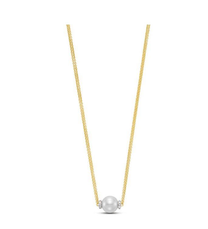 Necklace- 18k yellow gold pearl and diamond station necklace - Gaines Jewelers