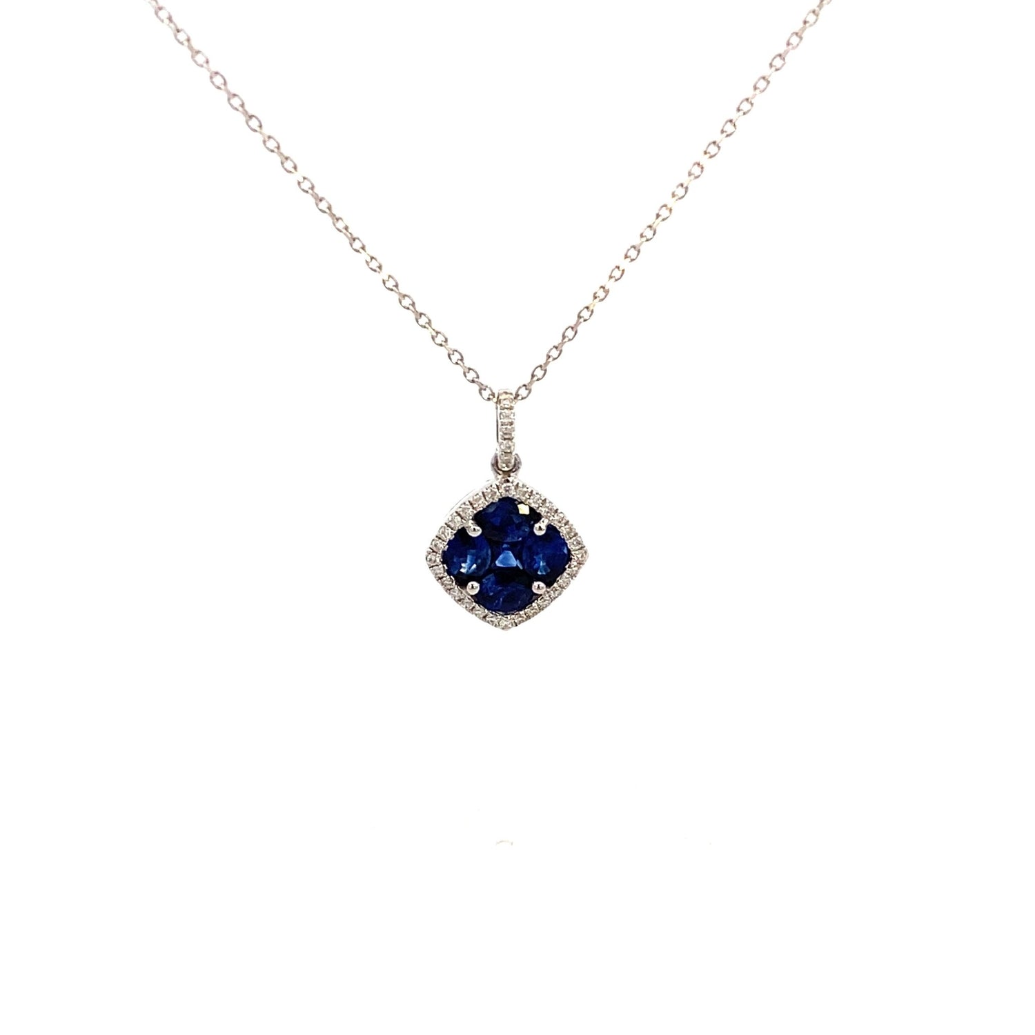 Necklace- 18kt wg pendant sapphire in diamond halo - Gaines Jewelers