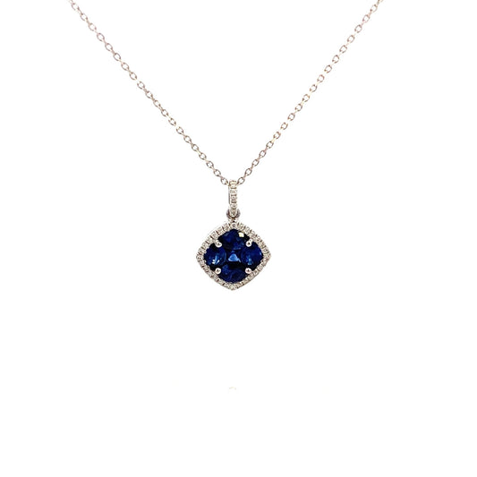 Necklace- 18kt wg pendant sapphire in diamond halo - Gaines Jewelers