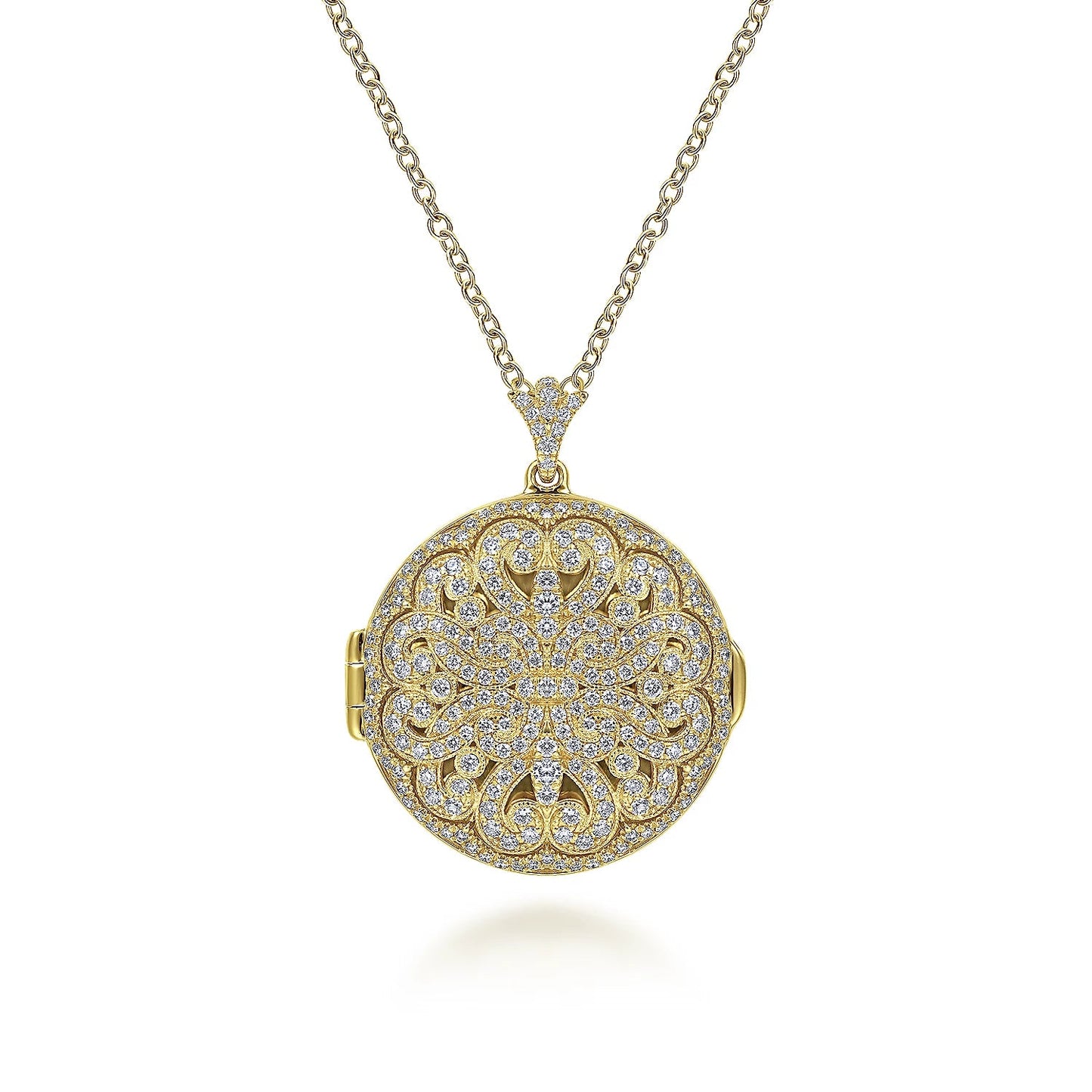 Necklace- 25" 14k Yellow Gold with Diamond Pave locket 1.5ctw - Gaines Jewelers