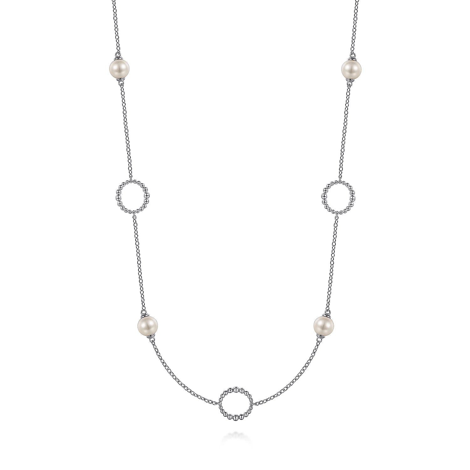 Necklace- 925 Sterling Silver Pearl and Open Circle Station Necklace - Gaines Jewelers