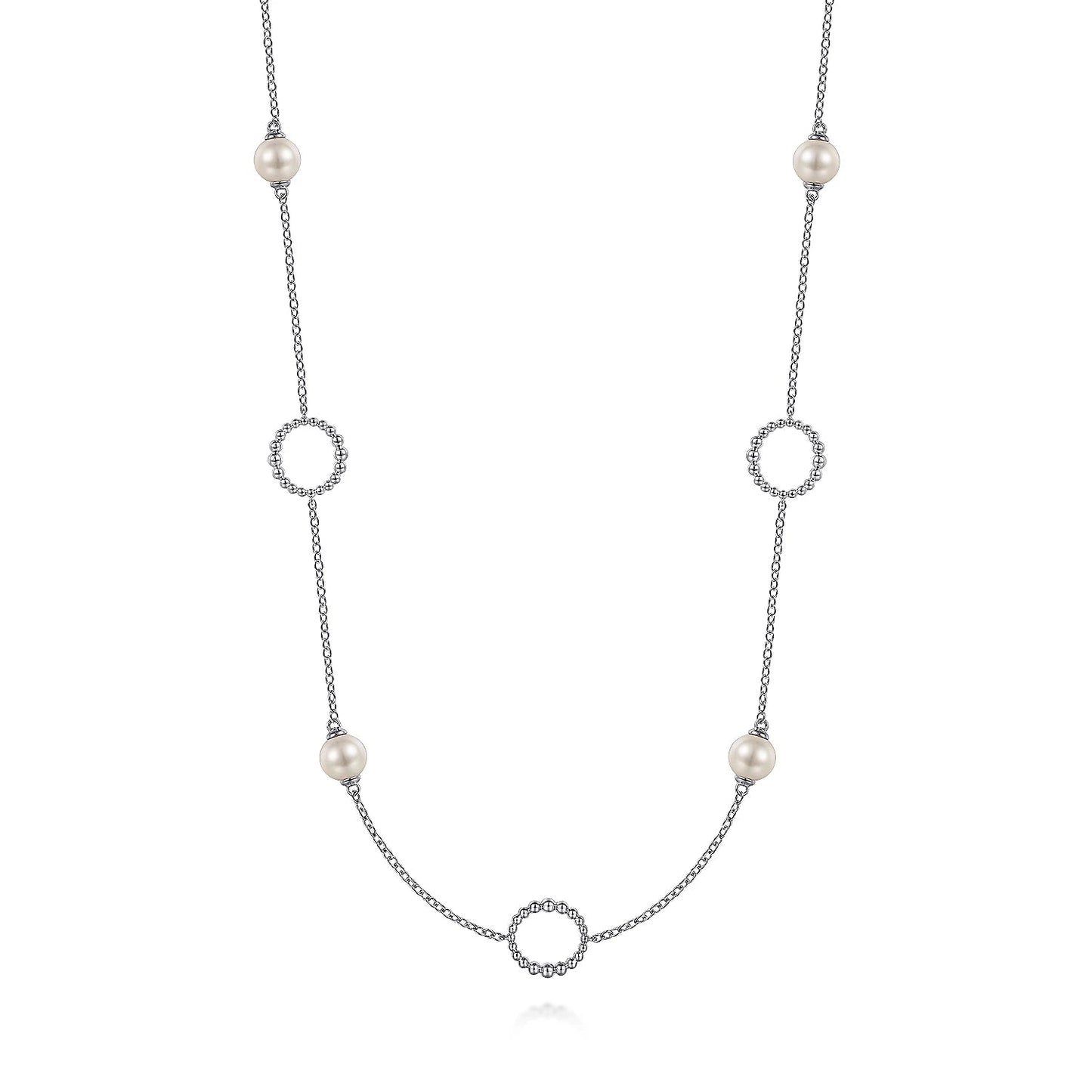 Necklace- 925 Sterling Silver Pearl and Open Circle Station Necklace - Gaines Jewelers