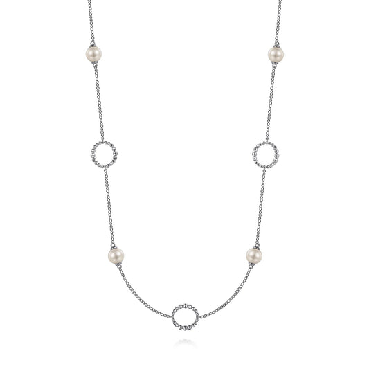 Necklace- 925 Sterling Silver Pearl and Open Circle Station Necklace - Gaines Jewelers