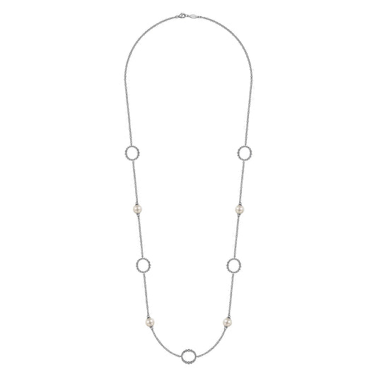 Necklace- 925 Sterling Silver Pearl and Open Circle Station Necklace - Gaines Jewelers