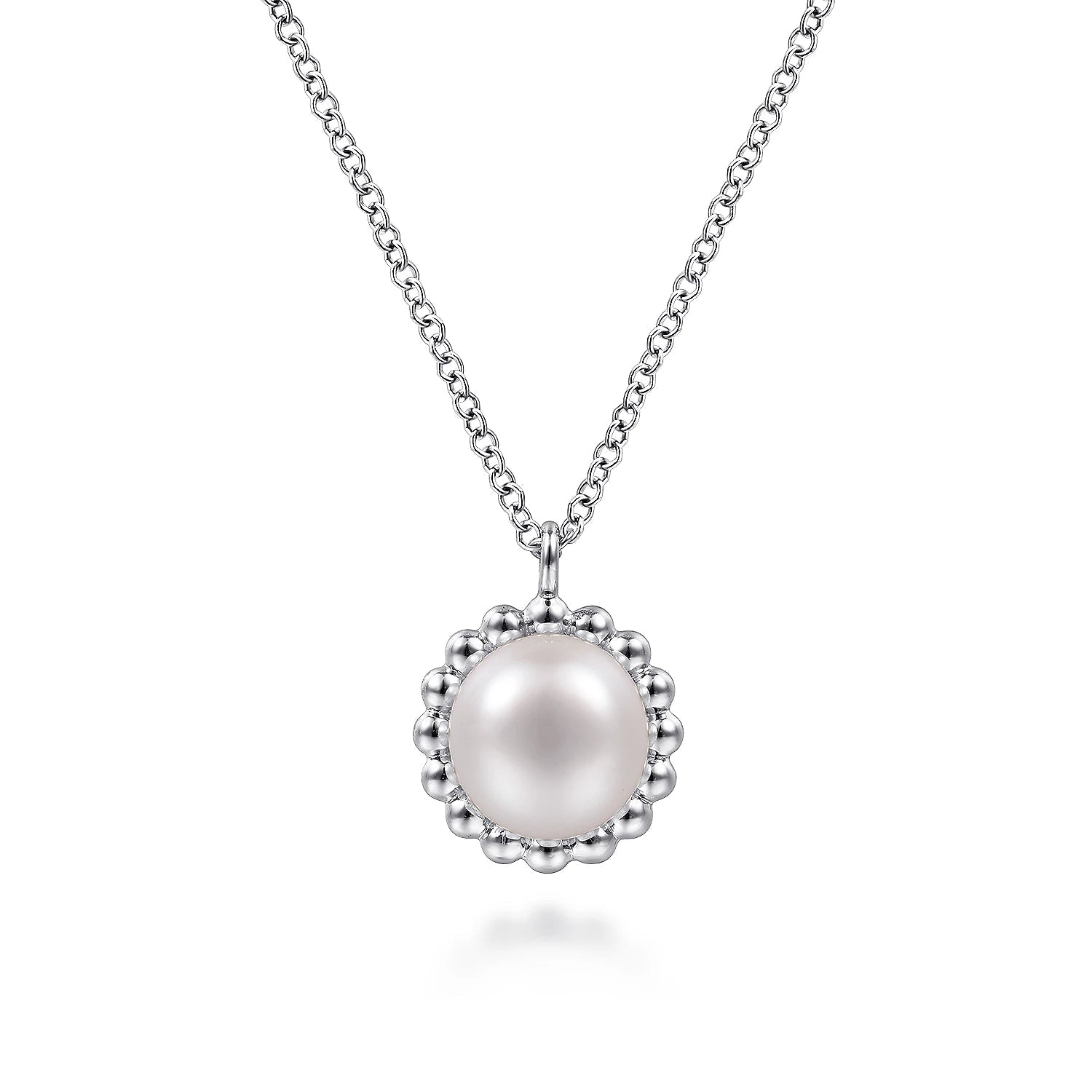 Necklace-.925 Sterling Silver pearl with beaded border - Gaines Jewelers