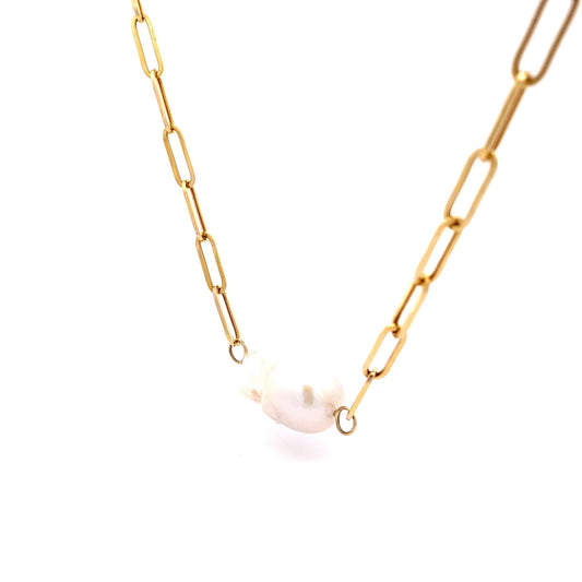 Necklace Baroque pearl on end baroque pearl paperclip - Gaines Jewelers