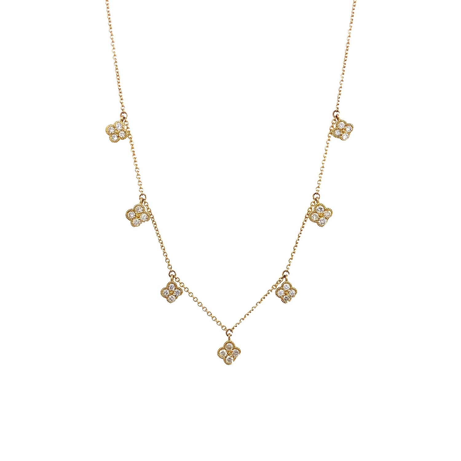 Necklace diamond cloverleaf dangles 14kt yellow gold - Gaines Jewelers