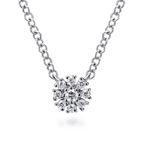 Necklace diamond cluster tiny 18-16" 14kt white gold - Gaines Jewelers