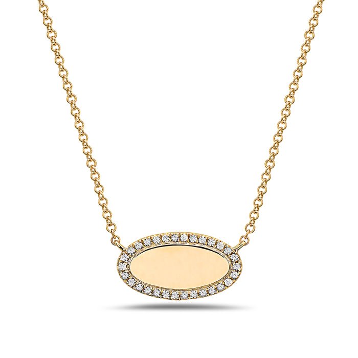 Necklace oval disc with diamond border yellow gold - Gaines Jewelers