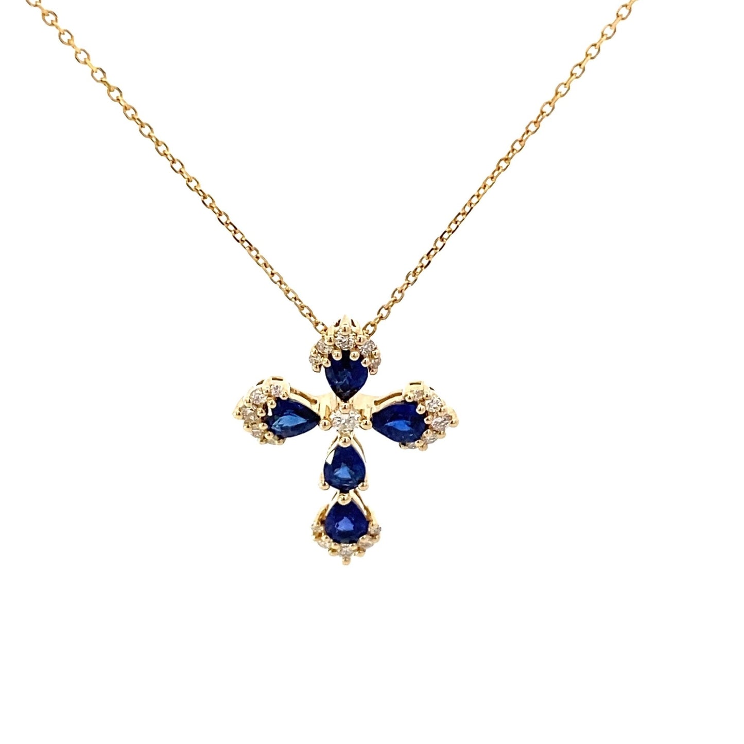 Necklace- Oval Sapphire and Diamond Cross Pendant on 14k Yellow Gold - Gaines Jewelers