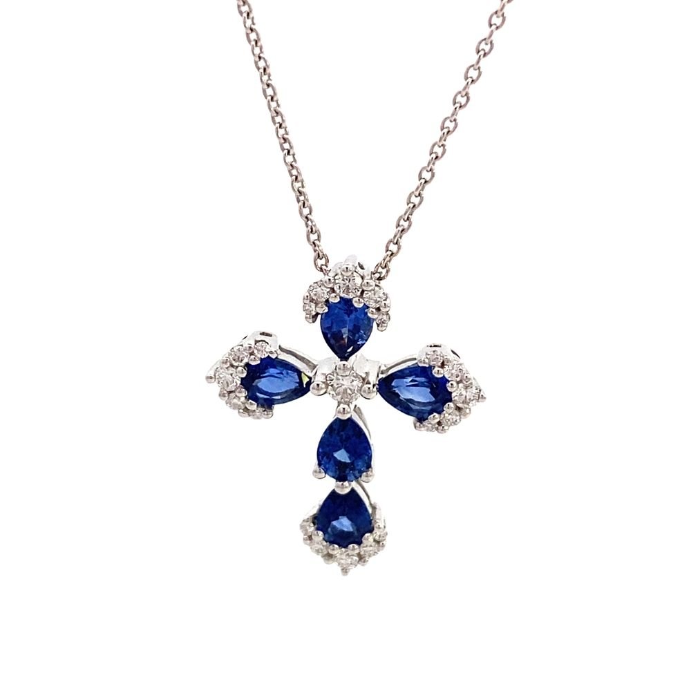Necklace- Oval Sapphire and Diamond Cross Pendant with 14kt White Gold Chain - Gaines Jewelers