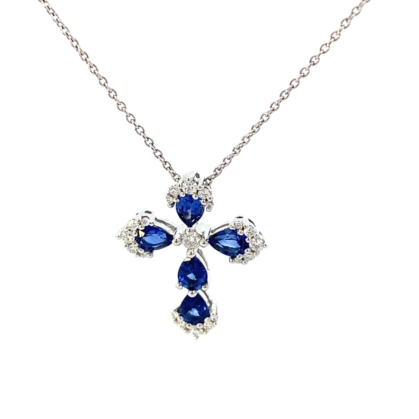 Necklace- Oval Sapphire and Diamond Cross Pendant with 14kt White Gold Chain - Gaines Jewelers