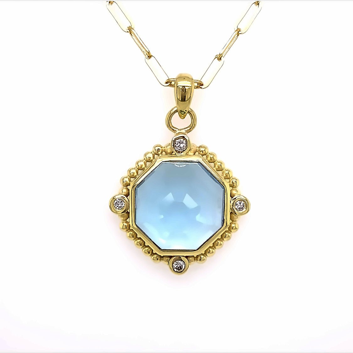 Necklace-Pendant blue topaz with 6 side diamonds on paperclip chain - Gaines Jewelers